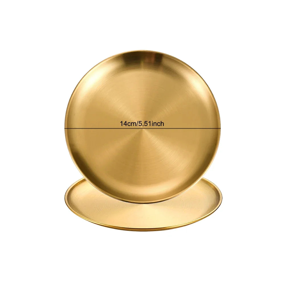 2pcs Stainless Steels Round Golden Shallow Tray Plate