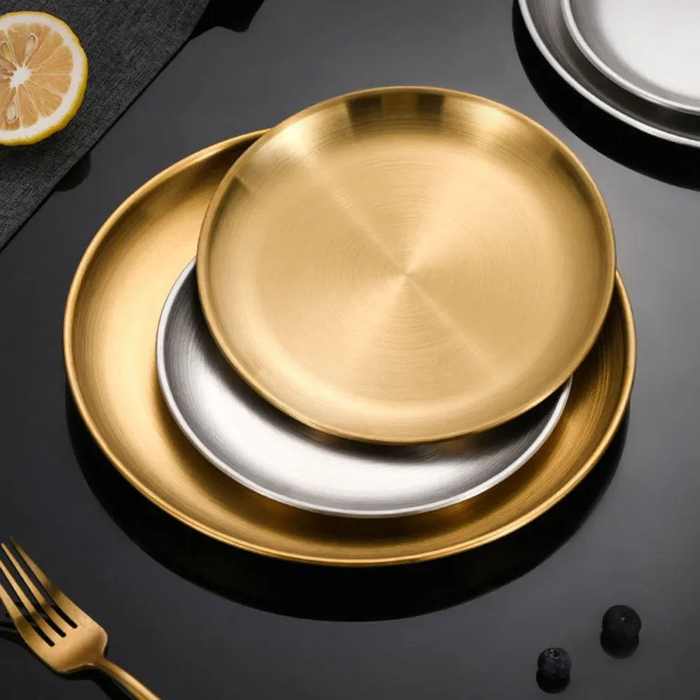 2pcs Stainless Steels Round Golden Shallow Tray Plate