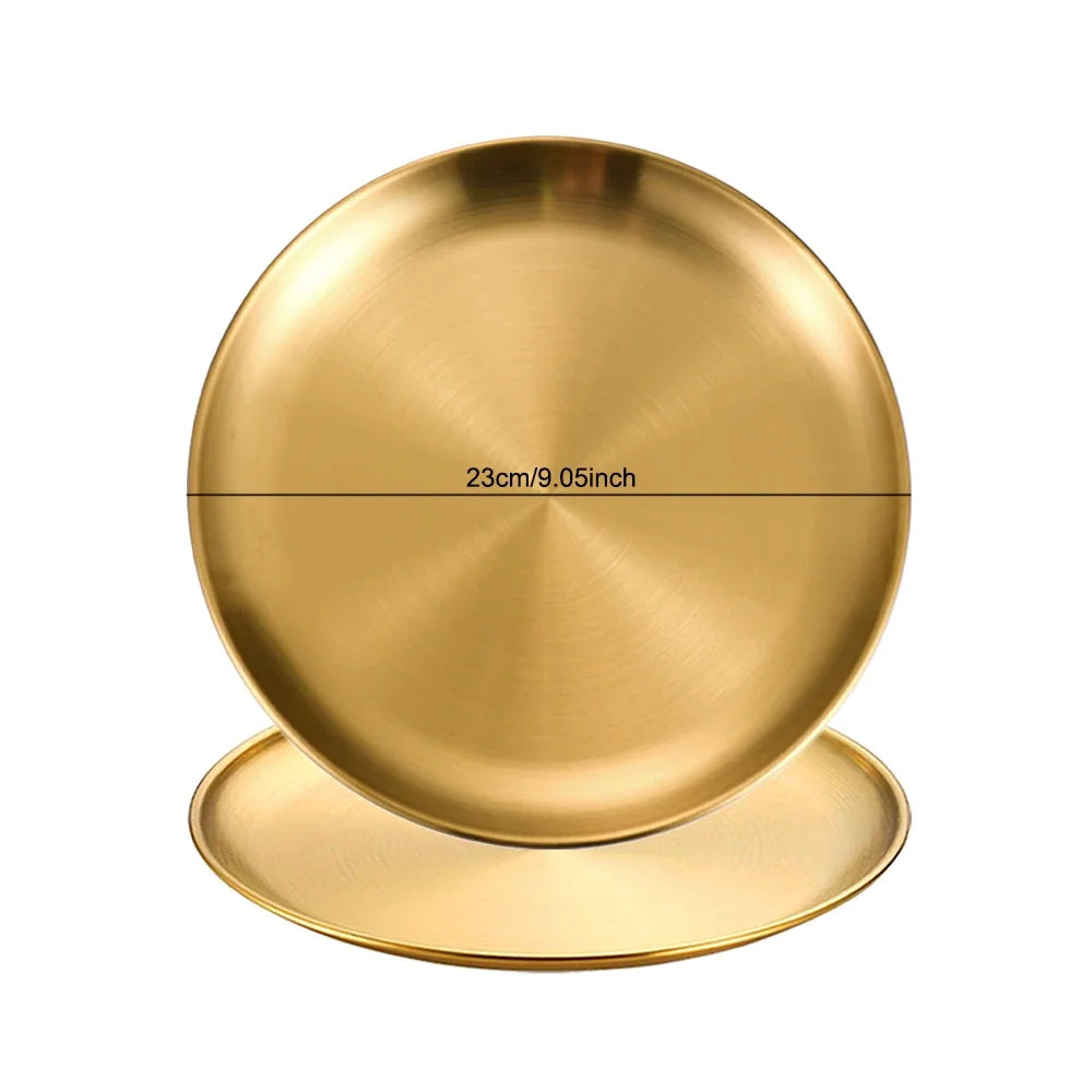 2pcs Stainless Steels Round Golden Shallow Tray Plate