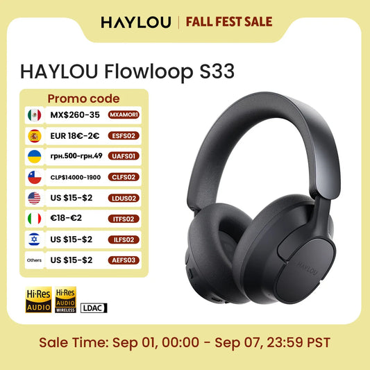 HAYLOU FlowLoop S33 Wireless Headphones Bluetooth 45dB Active Noise Cancellation Hi-Res LDAC 100h Playtime