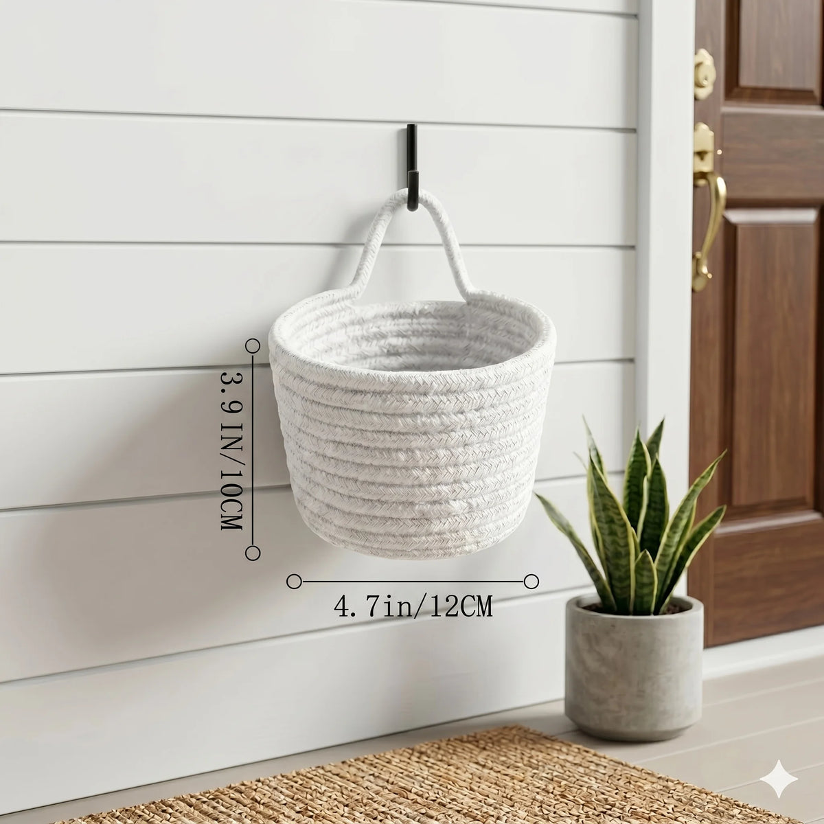 Boho Rope Hanging Woven Basket, Wall Door Mount Storage Shelf Basket, Stylish Plant Decor Organizer Perfect for Small Spaces