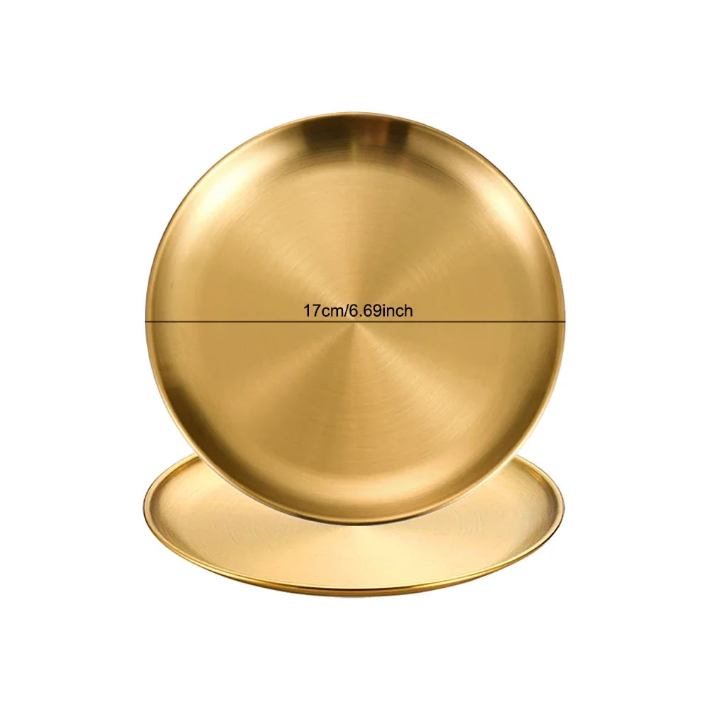 2pcs Stainless Steels Round Golden Shallow Tray Plate