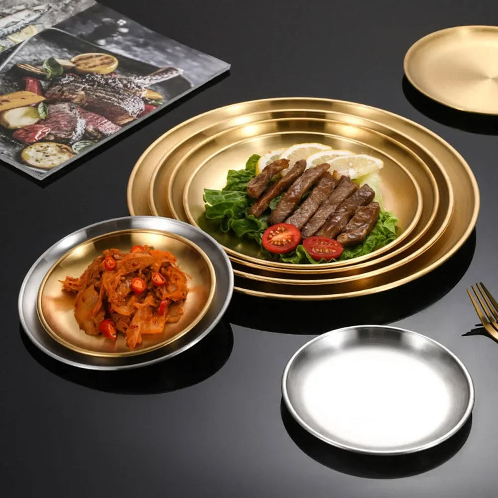 2pcs Stainless Steels Round Golden Shallow Tray Plate