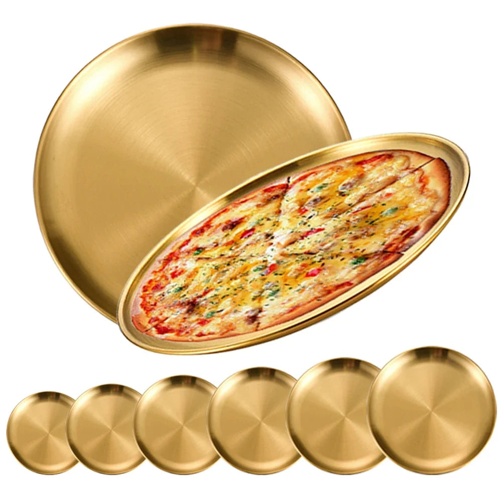 2pcs Stainless Steels Round Golden Shallow Tray Plate