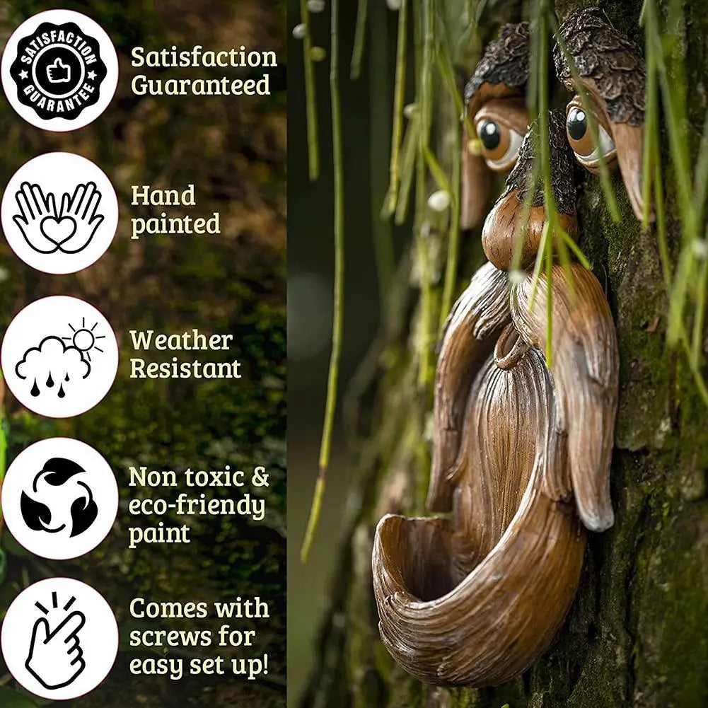 Outdoor Tree Faces Decor - Large Hand-Painted Resin Craft with Funny Unique Design, Also Bird Feeder, Solves Plain Yard/Garden