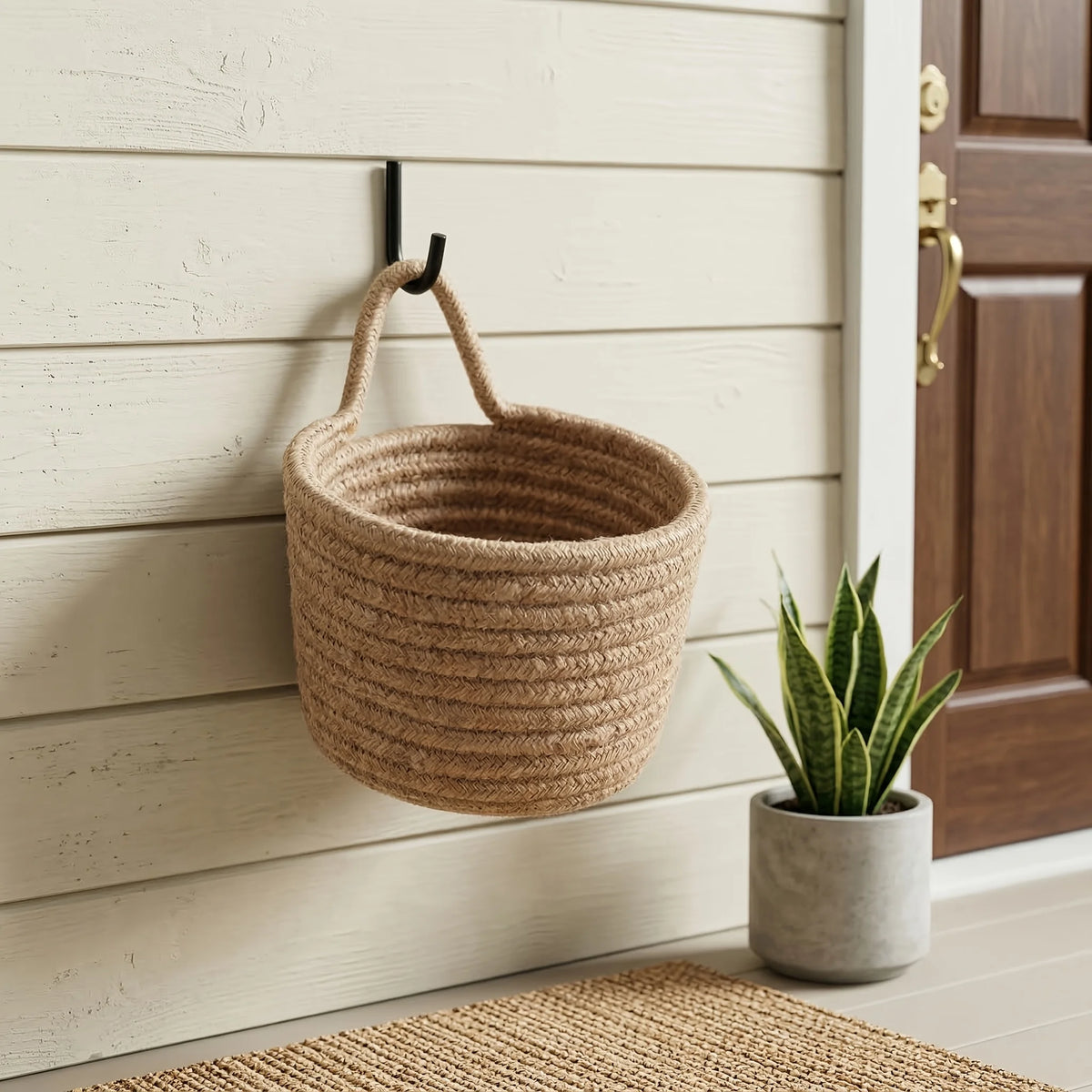 Boho Rope Hanging Woven Basket, Wall Door Mount Storage Shelf Basket, Stylish Plant Decor Organizer Perfect for Small Spaces