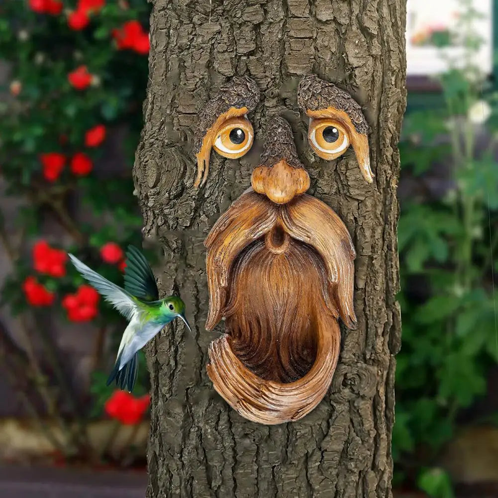 Outdoor Tree Faces Decor - Large Hand-Painted Resin Craft with Funny Unique Design, Also Bird Feeder, Solves Plain Yard/Garden