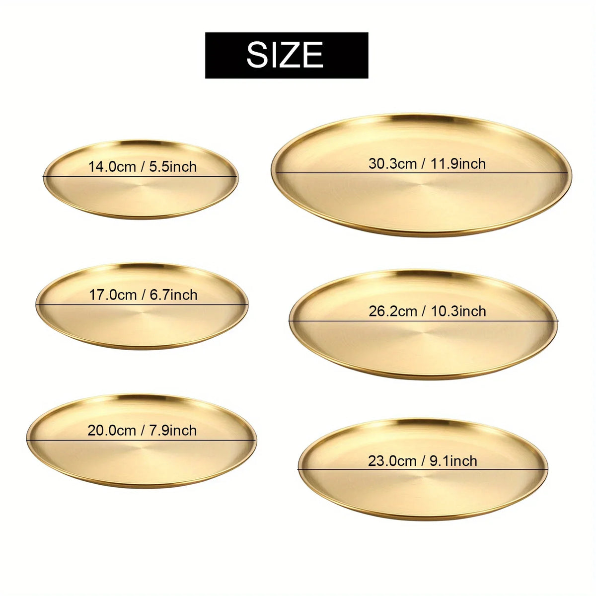 2pcs Stainless Steels Round Golden Shallow Tray Plate