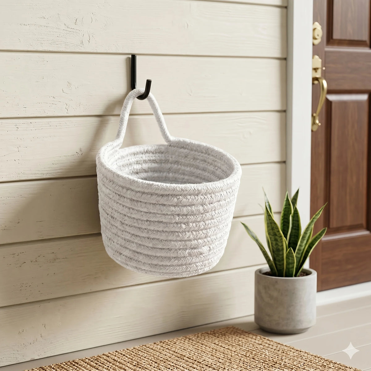 Boho Rope Hanging Woven Basket, Wall Door Mount Storage Shelf Basket, Stylish Plant Decor Organizer Perfect for Small Spaces