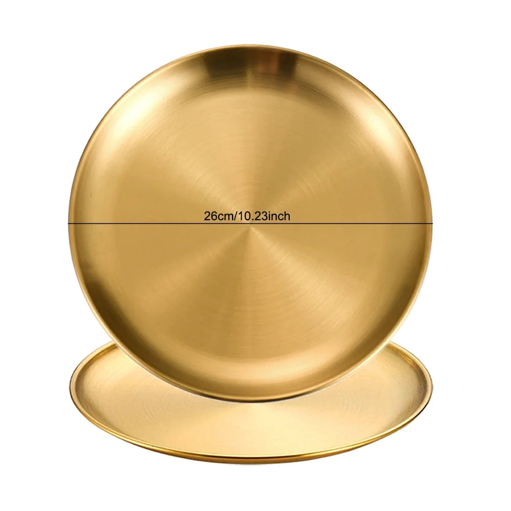 2pcs Stainless Steels Round Golden Shallow Tray Plate