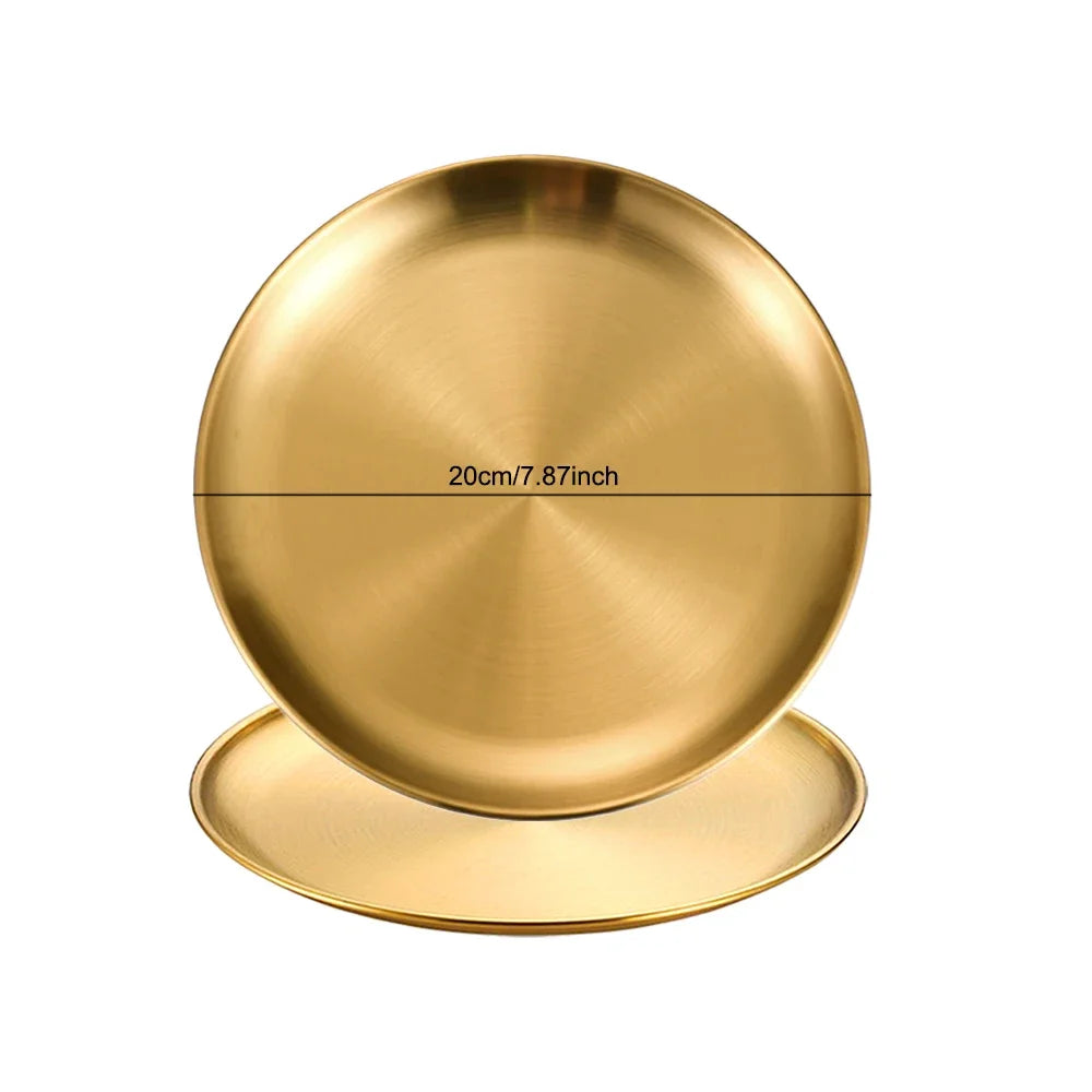 2pcs Stainless Steels Round Golden Shallow Tray Plate
