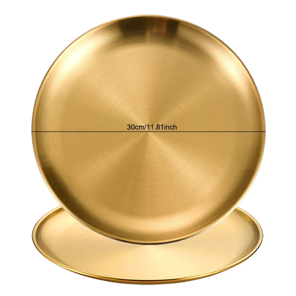 2pcs Stainless Steels Round Golden Shallow Tray Plate