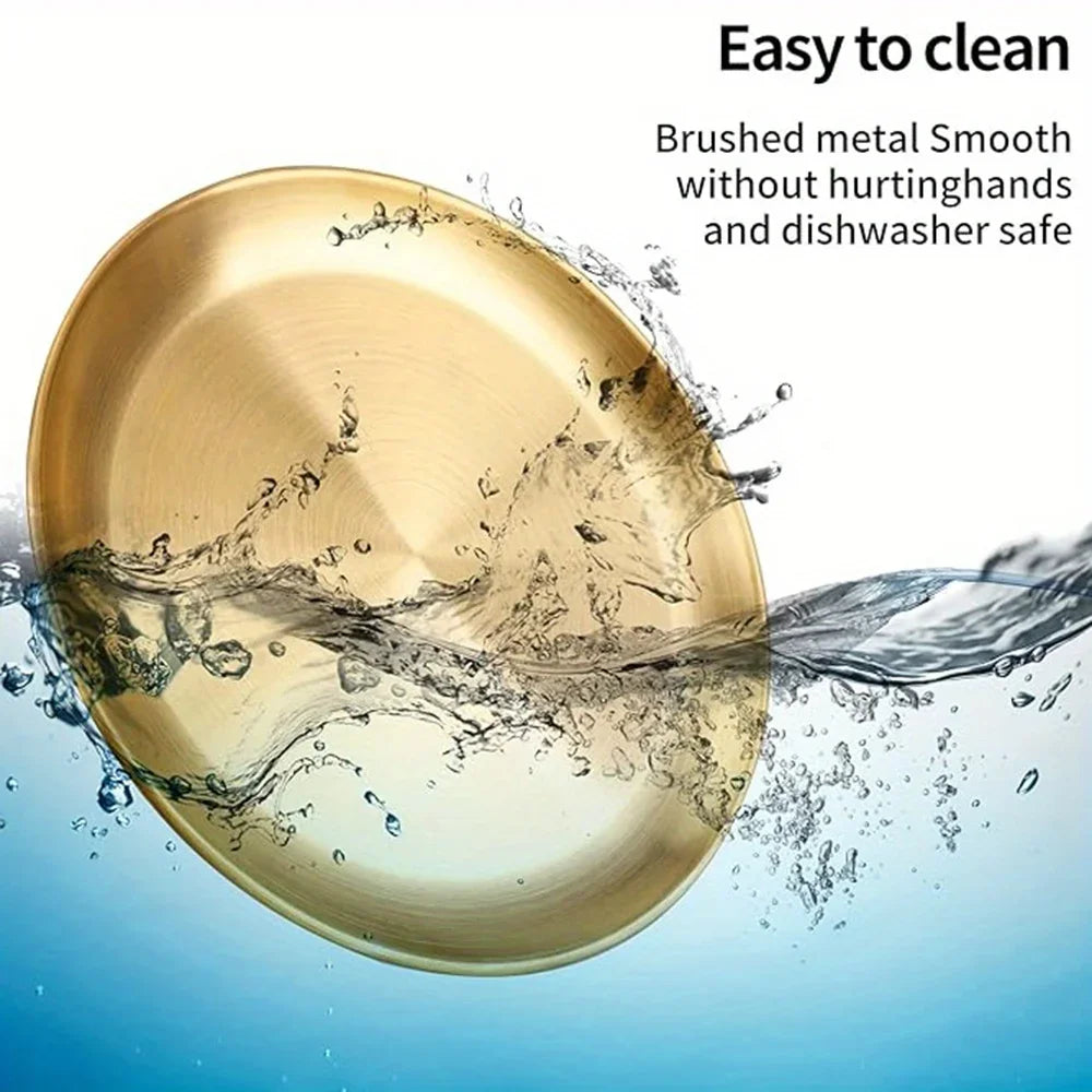 2pcs Stainless Steels Round Golden Shallow Tray Plate